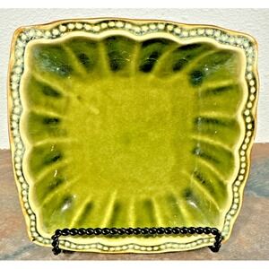 Roscher & Co Hobnail Green Salad Plate Speckled Brown Back Square Scalloped EUC